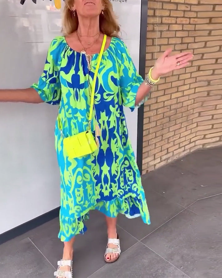 Bell Sleeve Holiday Print Dress