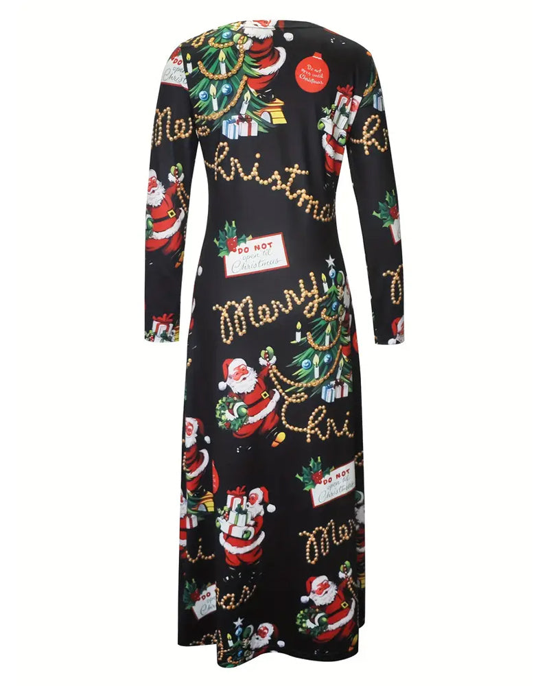 Slim Christmas Printed Long Sleeve Dress