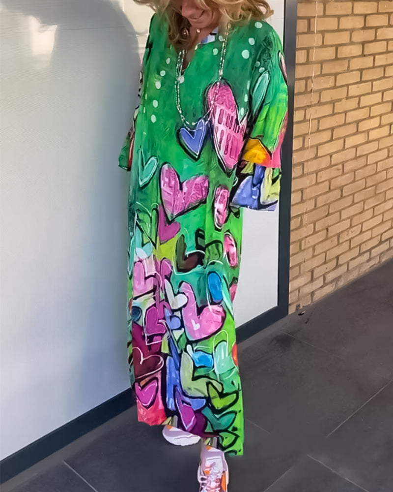 V neck heart print long sleeve dress