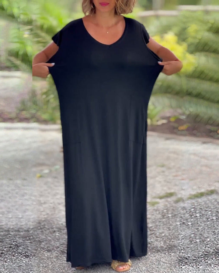 Solid color pocket short sleeve long dress