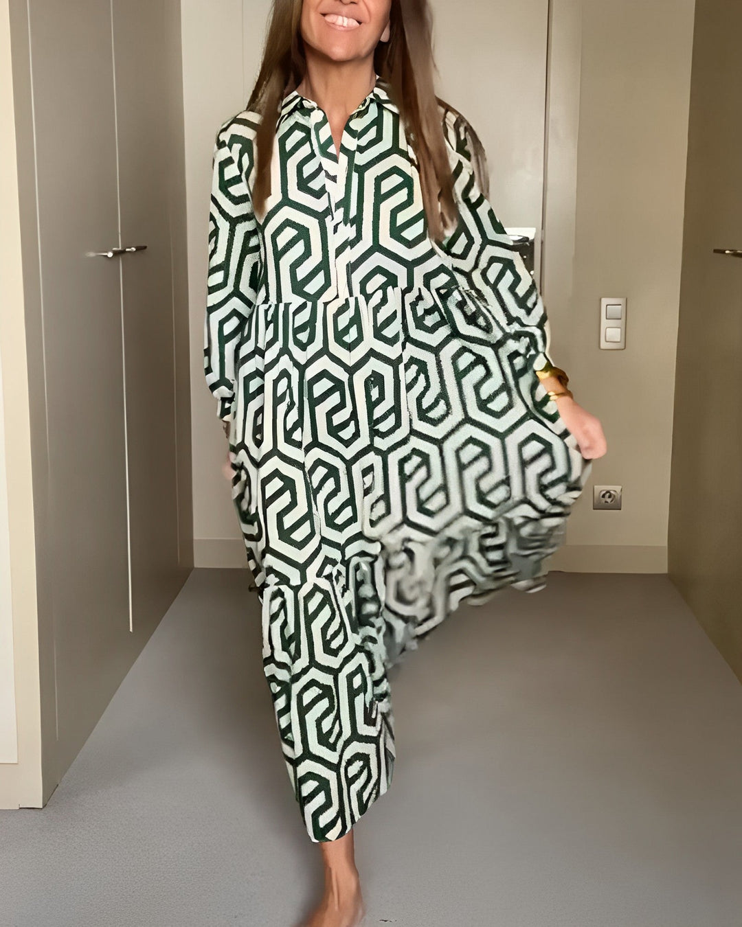 Geometric Print Nine Points Sleeve Dress