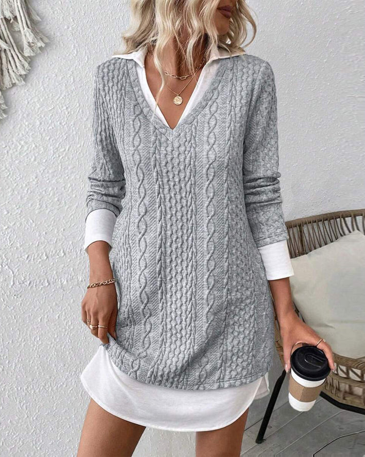 Shirt-Collar Fake Two-Piece Knit Dress