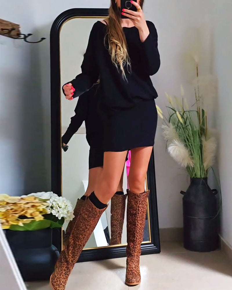 Fashion solid color round neck hip-wrapped long sleeve dress