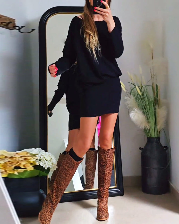 Fashion solid color round neck hip-wrapped long sleeve dress