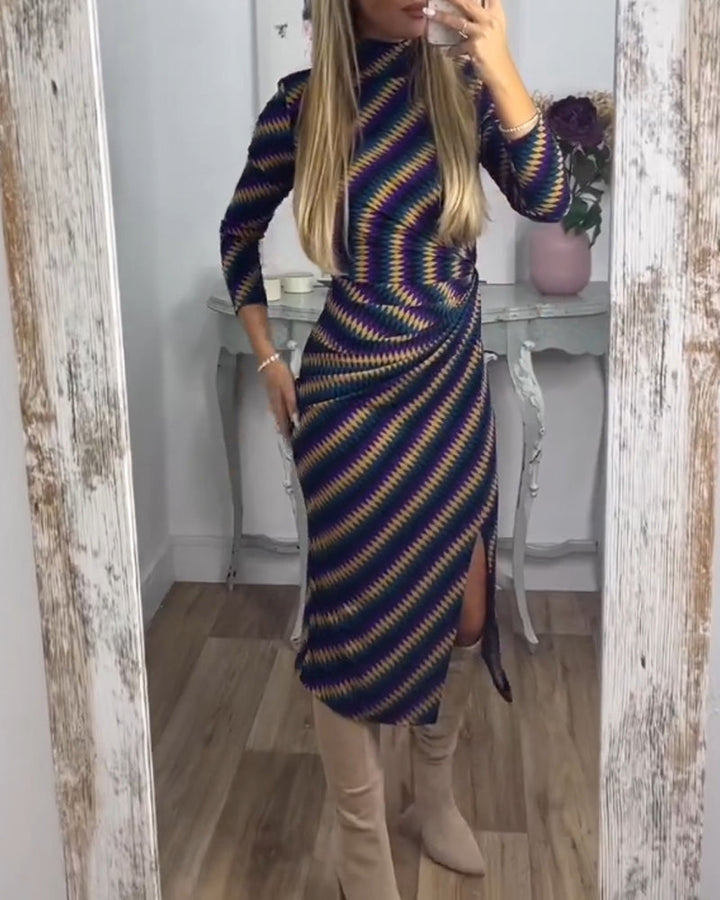 Sexy Dress with Striped and High Neck