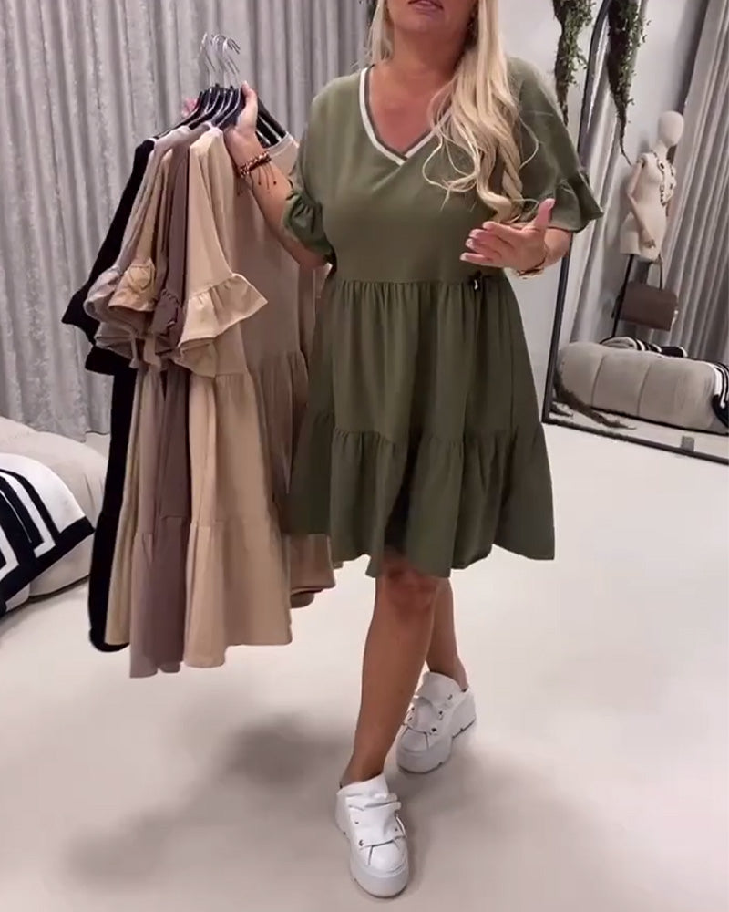 V-Neck Ruffle Sleeve A-Line Dress