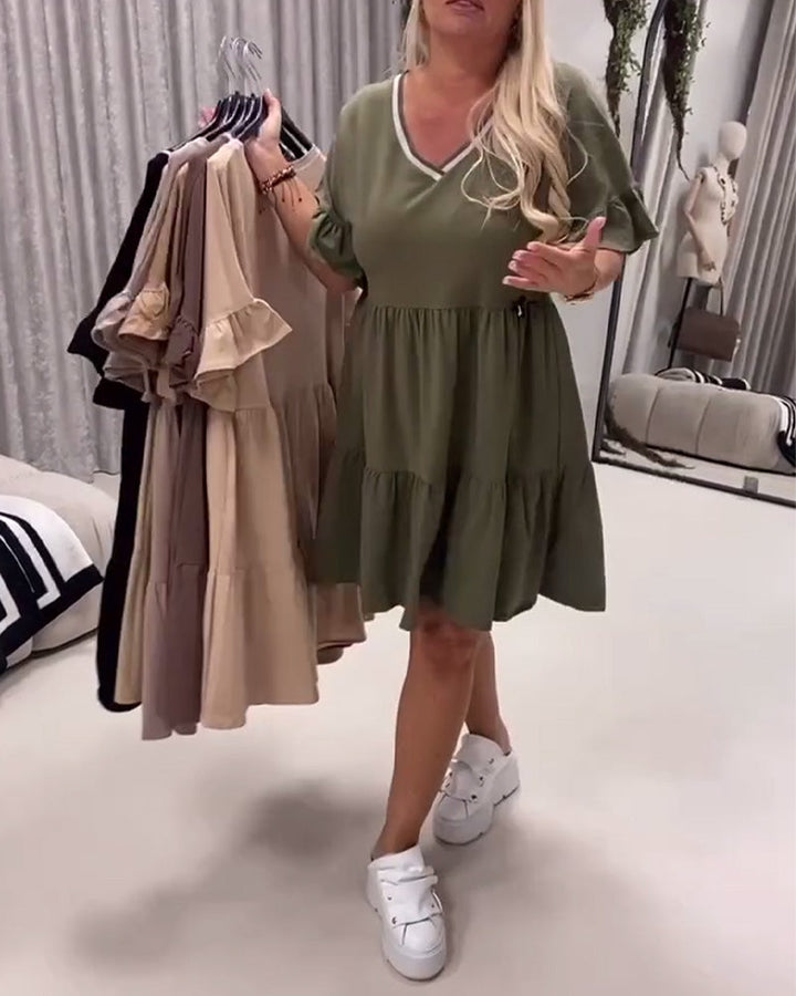 V-Neck Ruffle Sleeve A-Line Dress