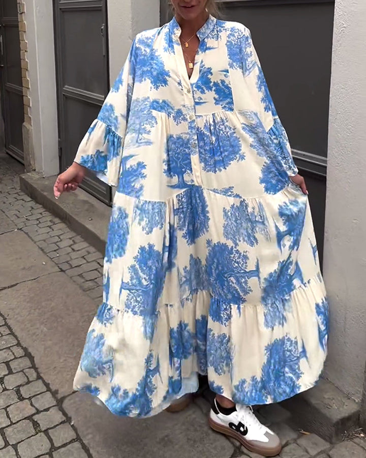 Loose printed V-neck bell sleeve patchwork dress