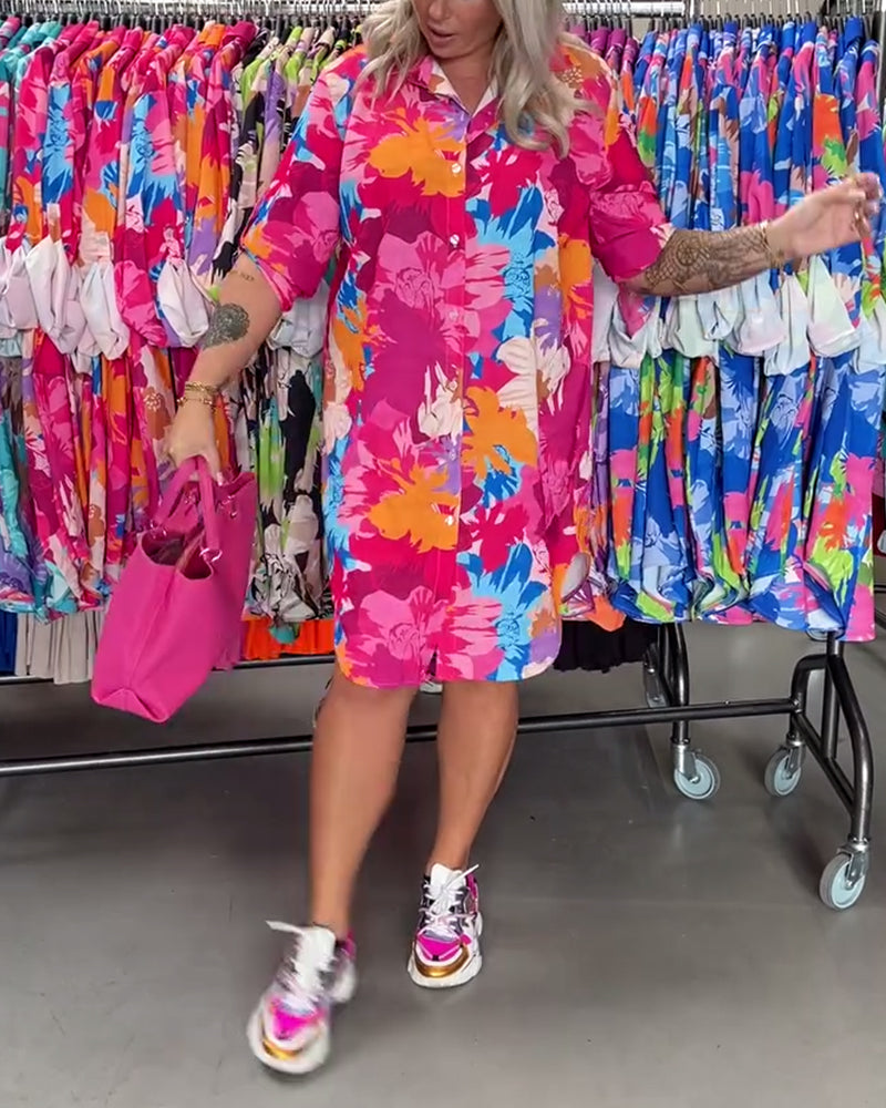 Colorful floral print lapel midi dress