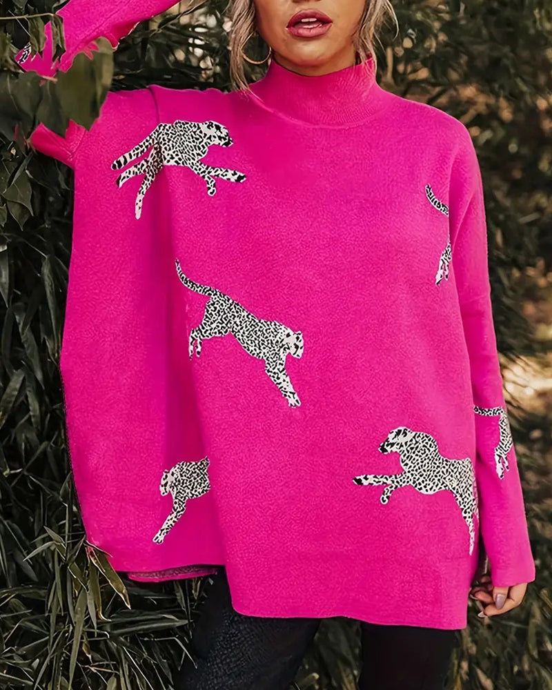 Stylish loose high neck leopard print pullover