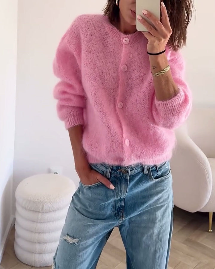 Crew Neck Plush Long-Sleeved Cardigan