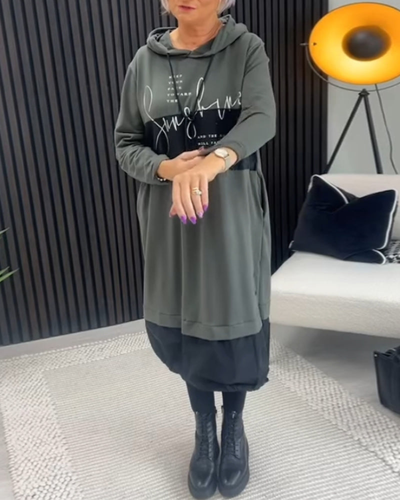 Casual color block letter print pocket hooded dress