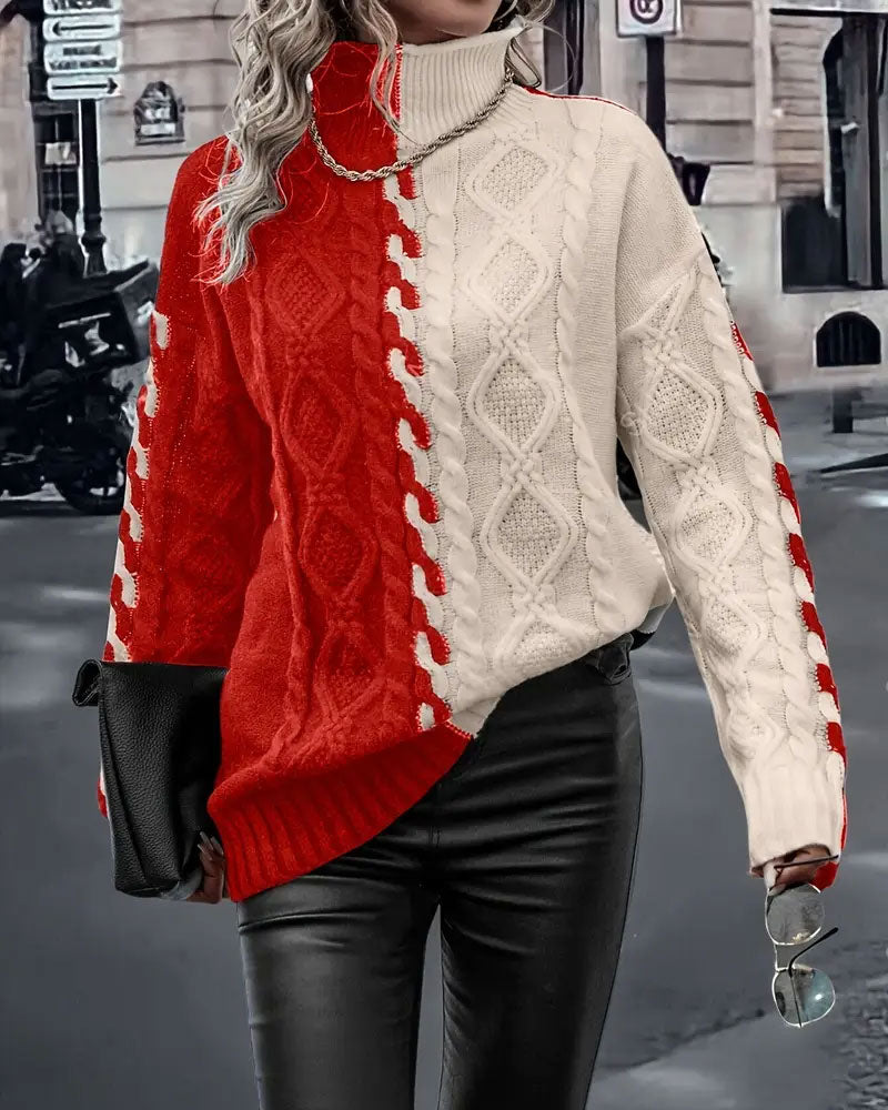Turtleneck Contrast Cable Sweater