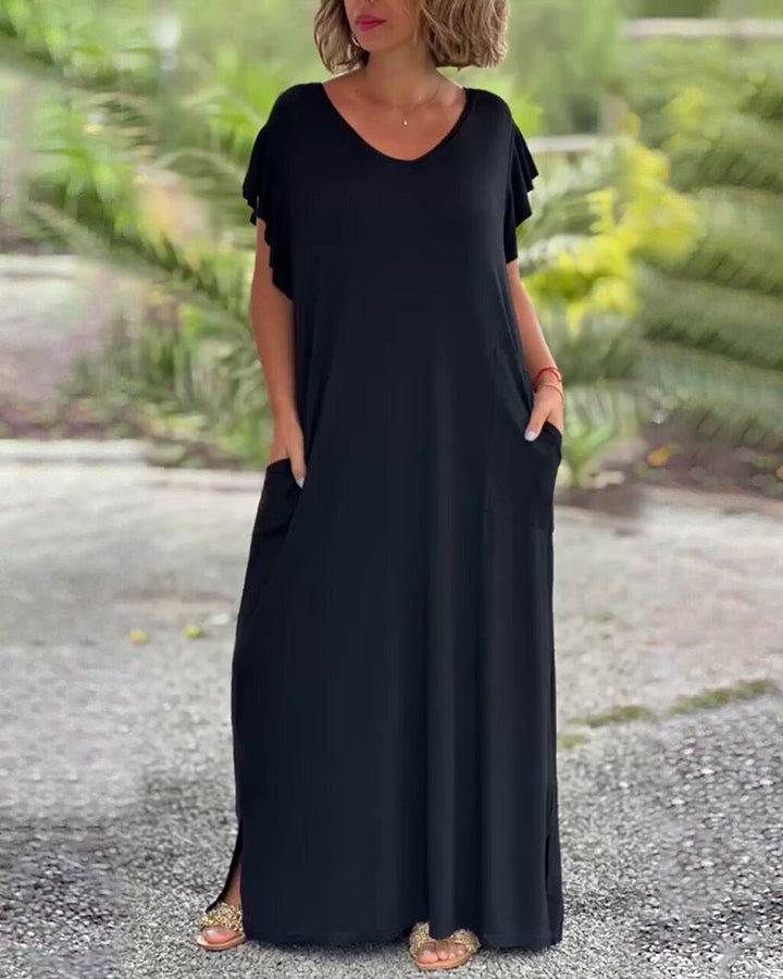 Solid color pocket short sleeve long dress