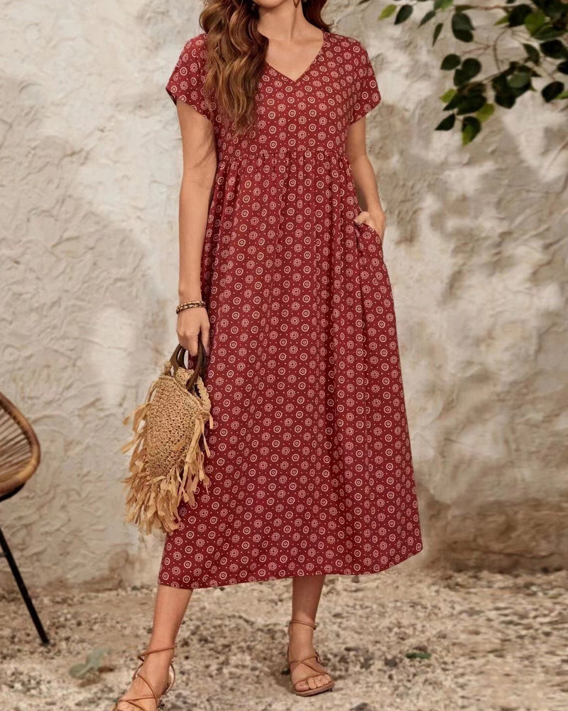 V neck short sleeve long dress