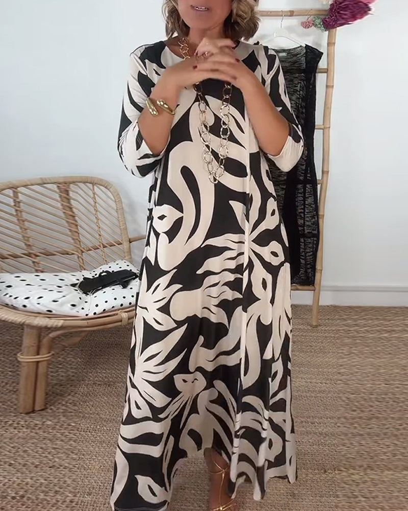 Round Neck Long Sleeve Printed Dress
