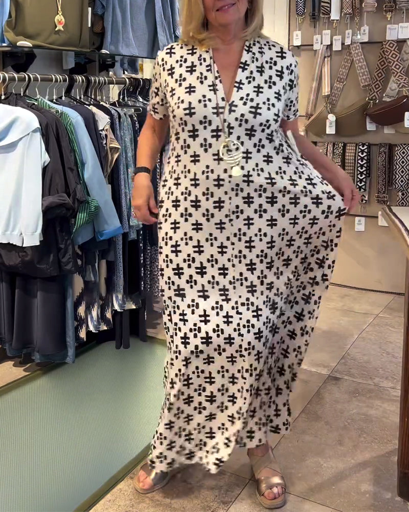 V-neck short-sleeved casual printed long dress