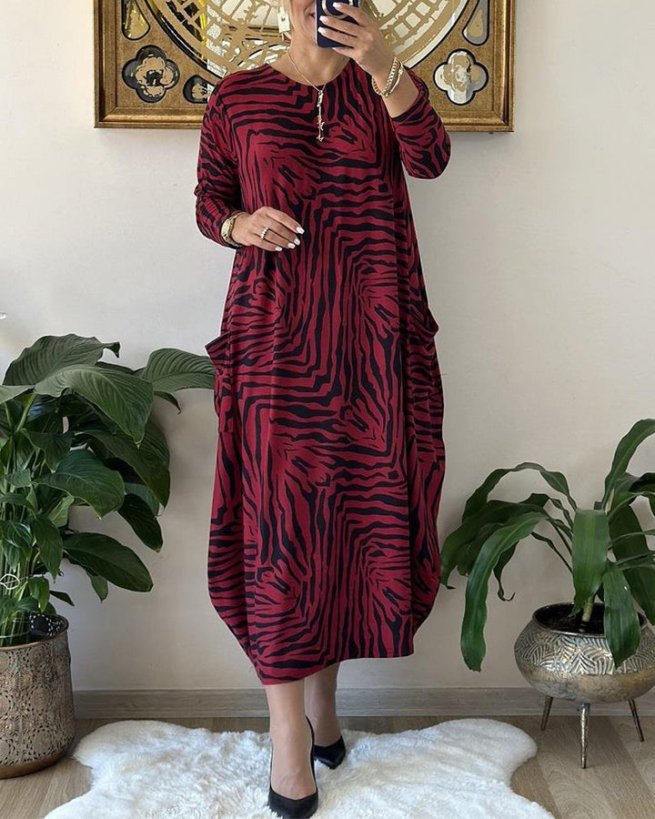 Fashion Loose Shift Dress with Print and Pocket