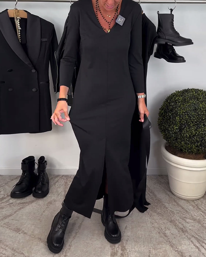 Fashion solid color V-neck slit dress