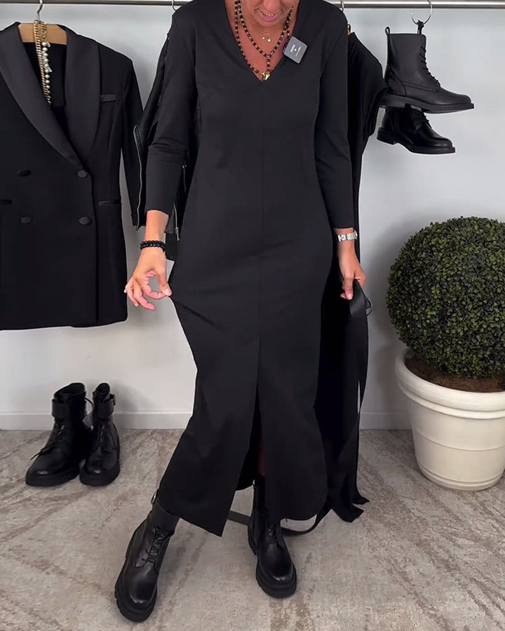 Fashion solid color V-neck slit dress