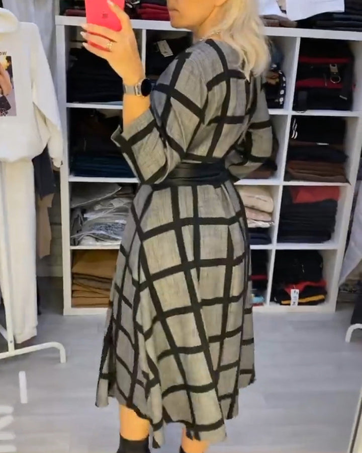 A-Line Plaid Dress with Round Neck
