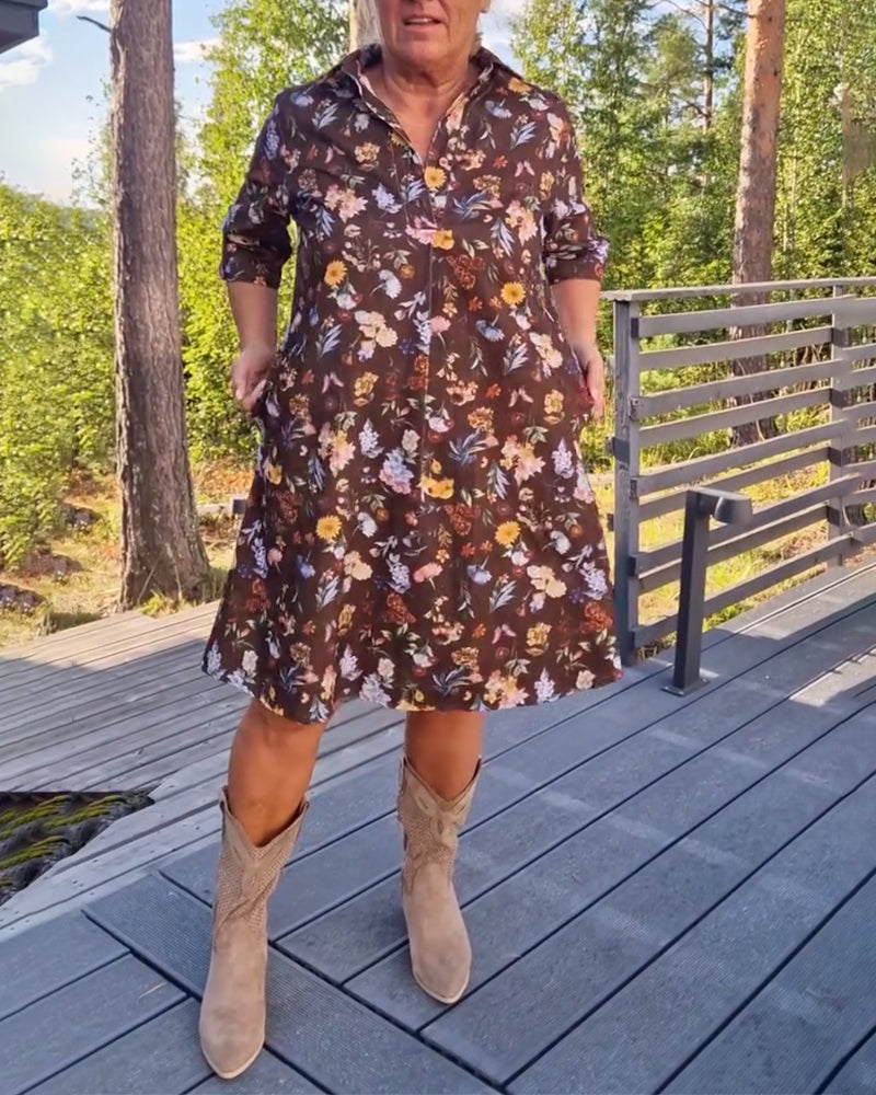 Floral Lapel Printed Shift Dress