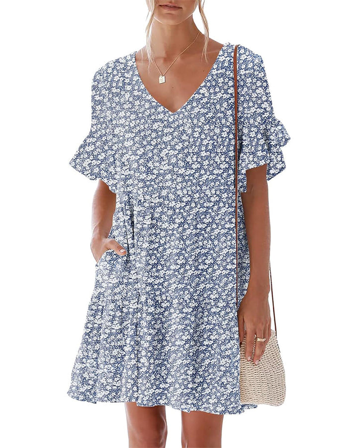 Ruffled sleeves V-neck floral print dress