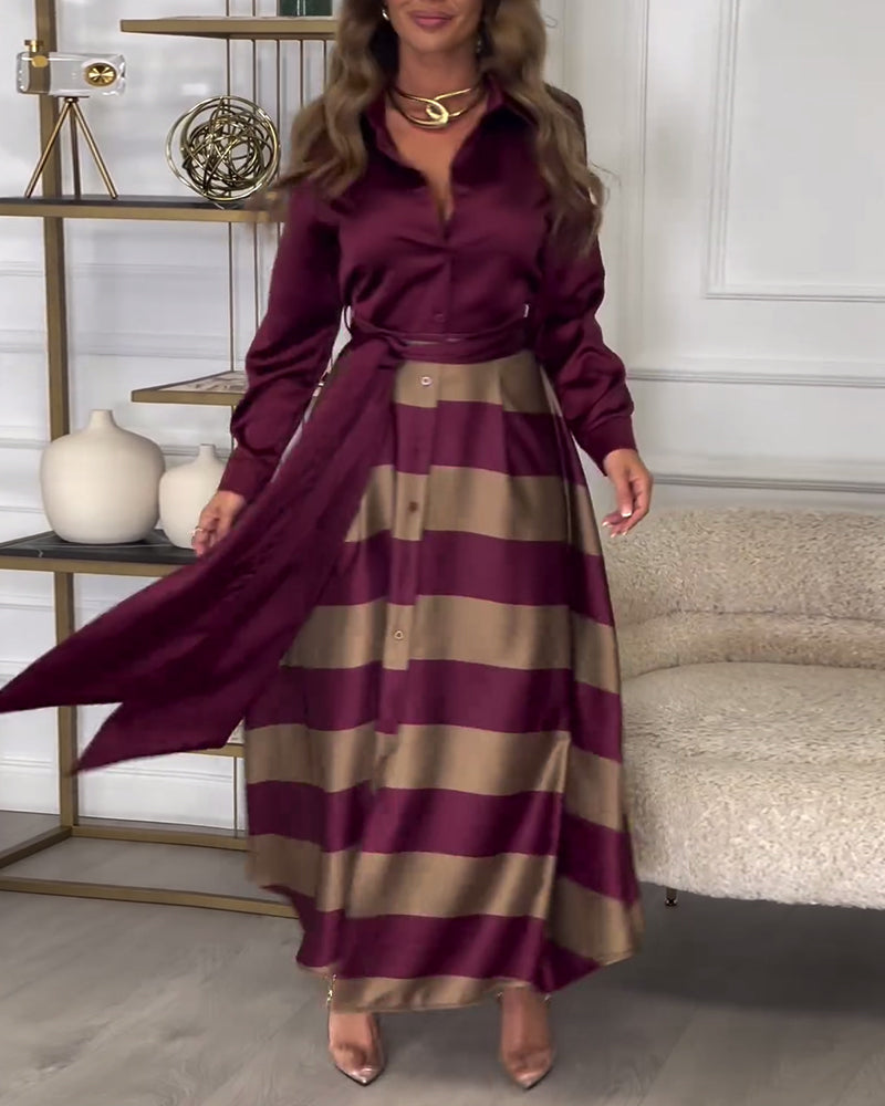 Elegant striped printed lapel strap dress