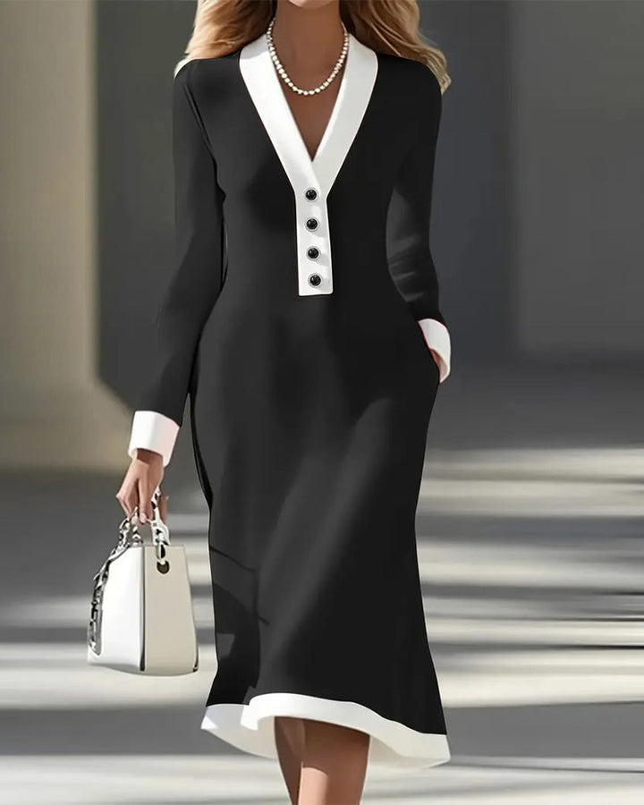 Long Sleeve Contrast Color Elegant Dress