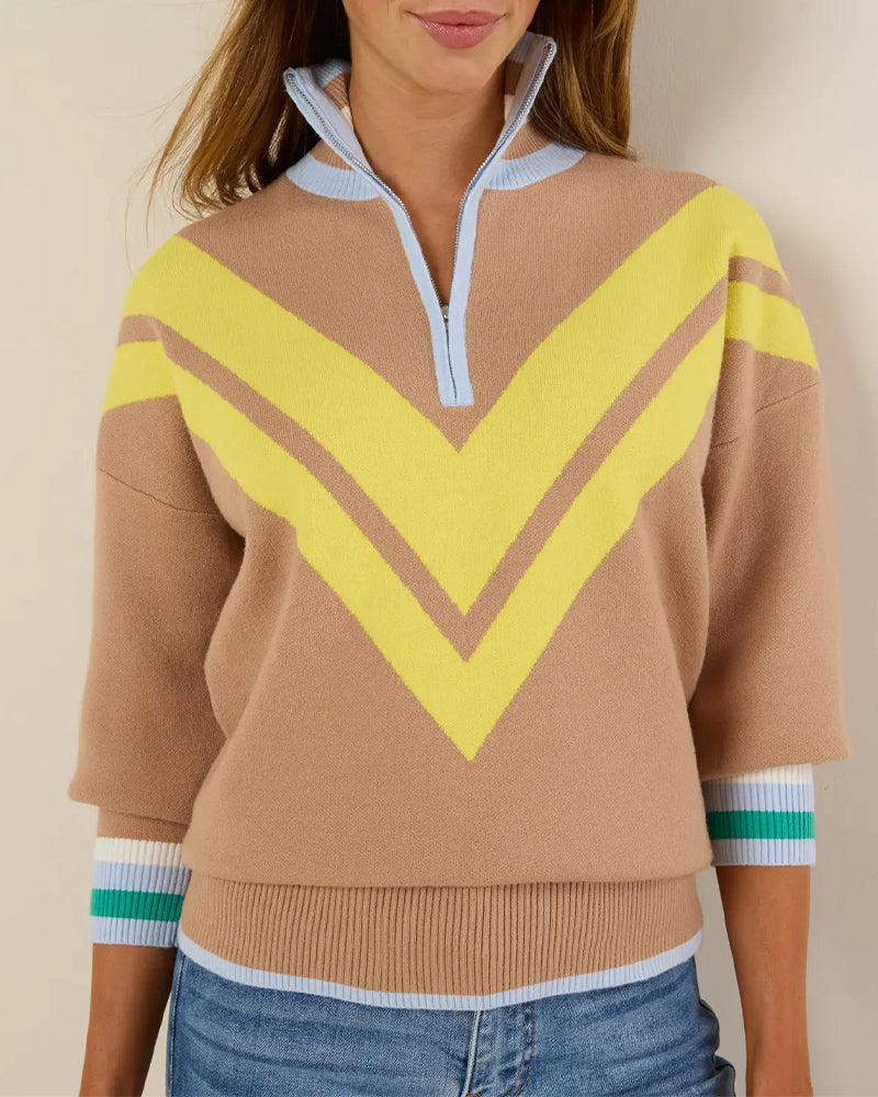 Half-Zip Collar Contrast Color Pullover