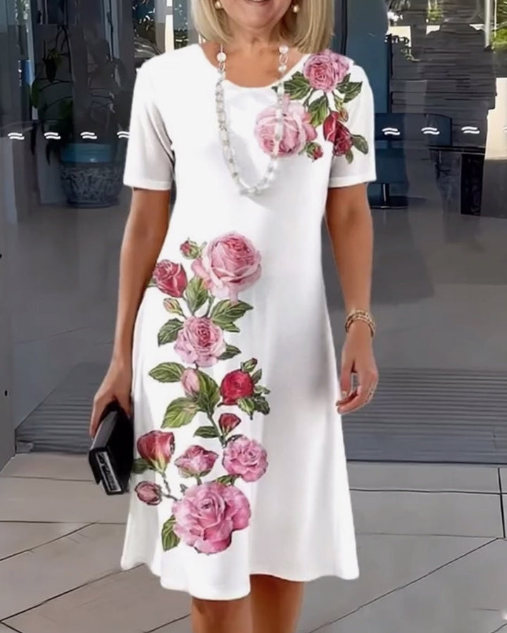 Short Sleeve Rose Print Shift Dress