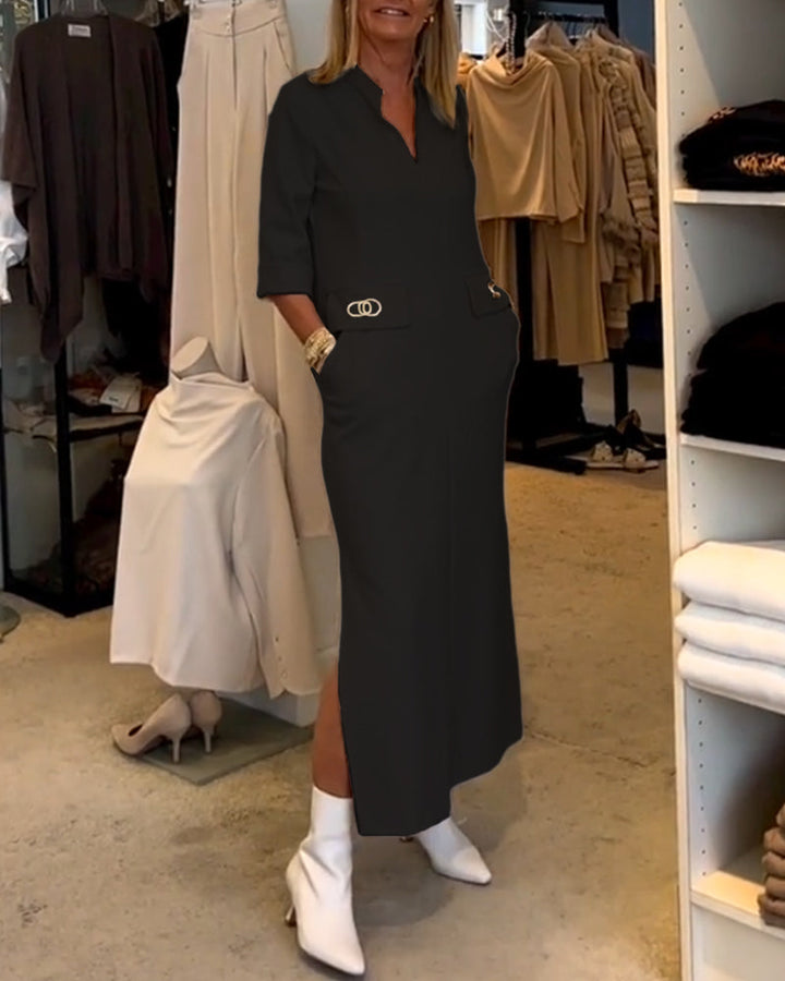 Solid color 3/4 sleeve slit dress