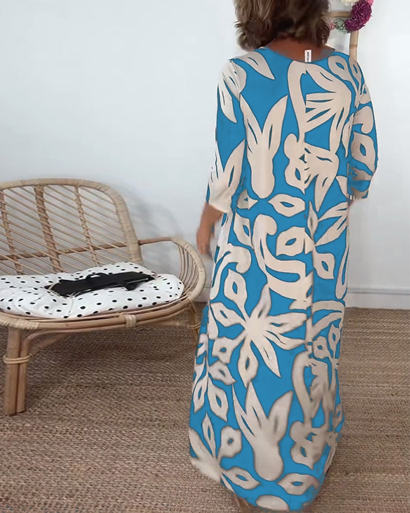 Round Neck Long Sleeve Printed Dress