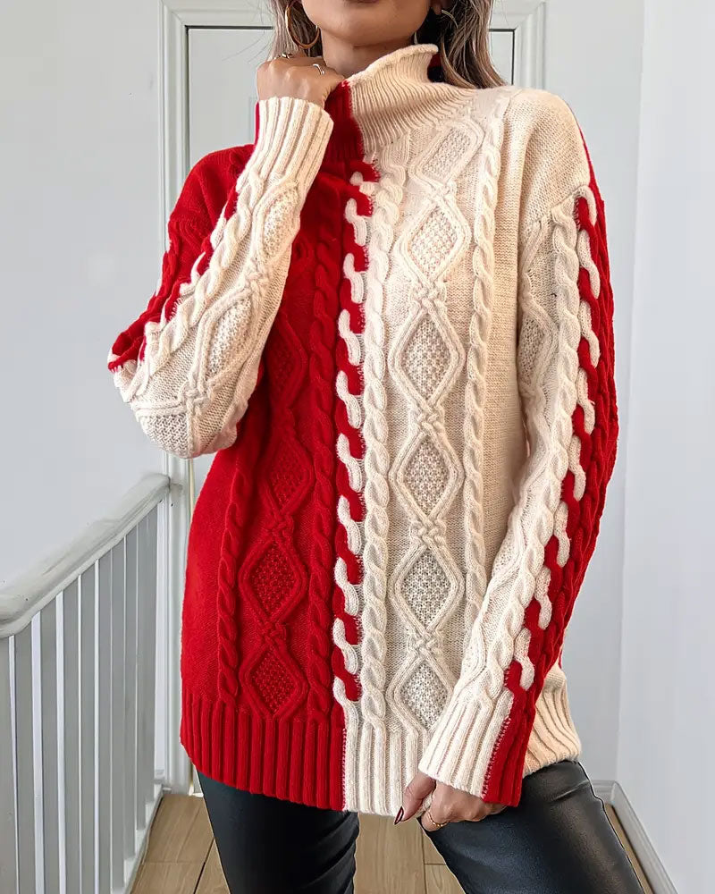 Turtleneck Contrast Cable Sweater