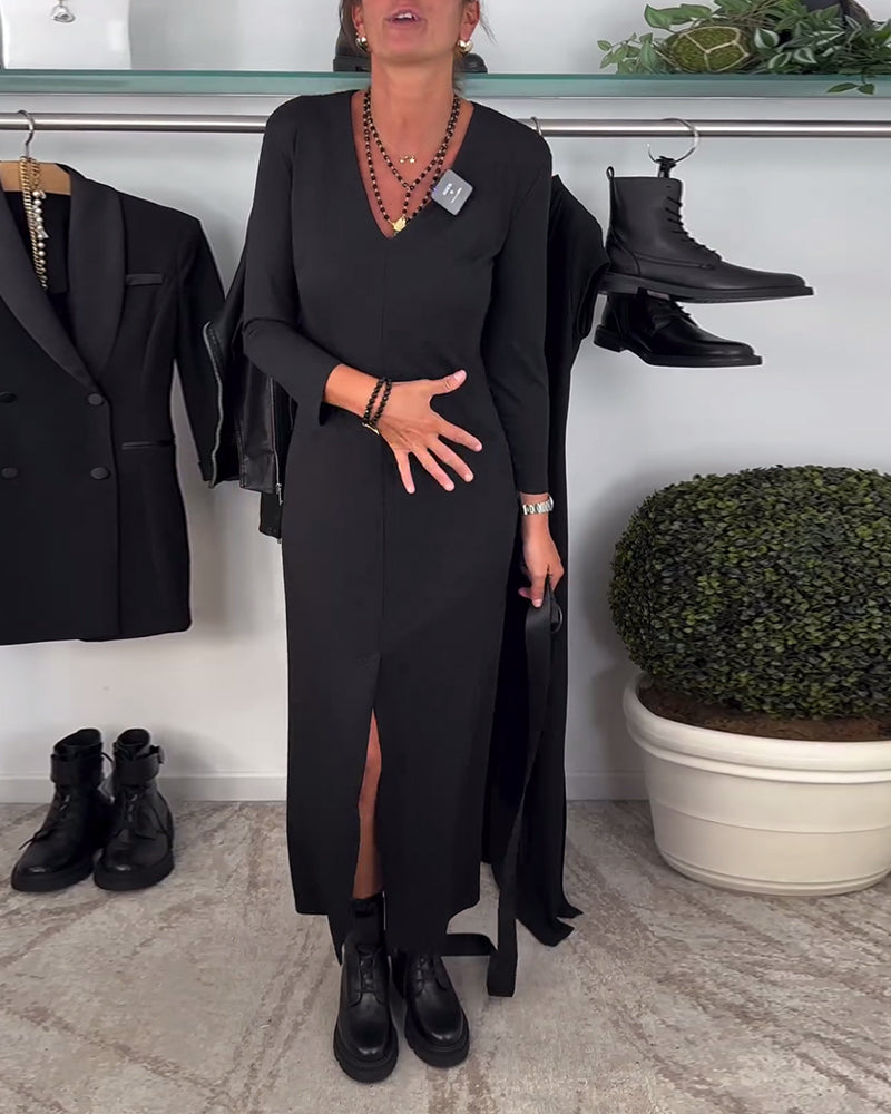 Fashion solid color V-neck slit dress