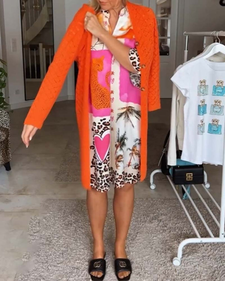 Patchwork leopard print V-neck dress