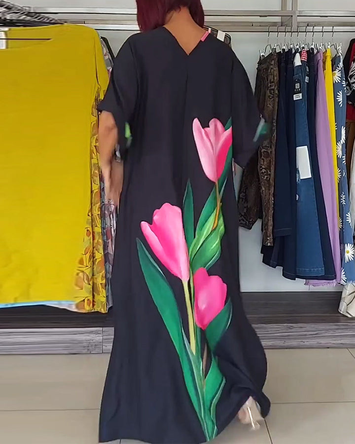 Floral print V-neck slit long dress