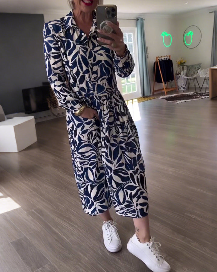 Long-Sleeved Leaf Print Dress