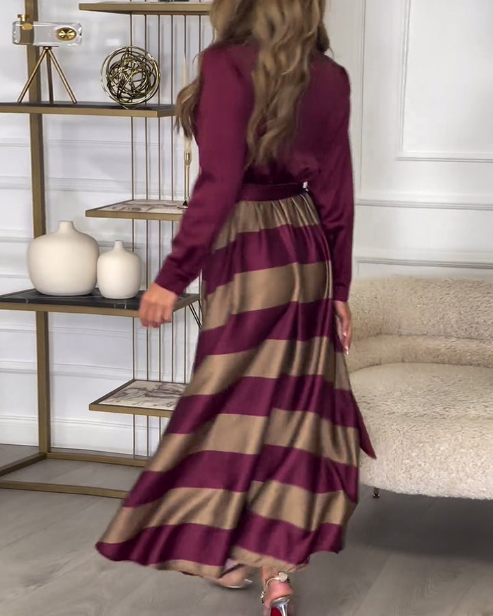 Elegant striped printed lapel strap dress