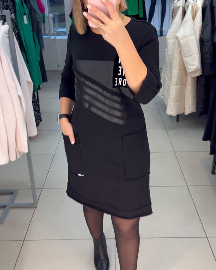 Pocket print Shift dress with Long Sleeve