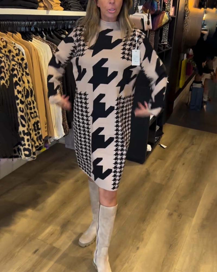 Houndstooth long sleeve dress