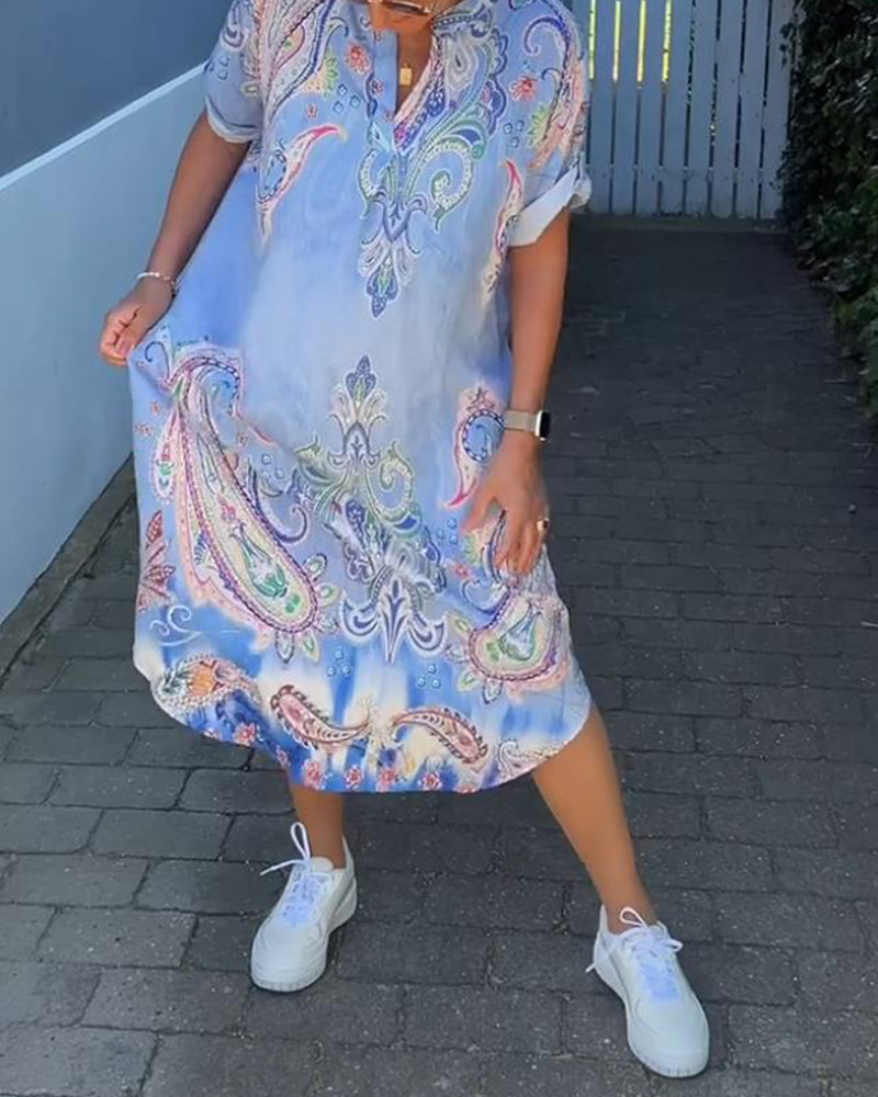 V-neck fold sleeve printed dress