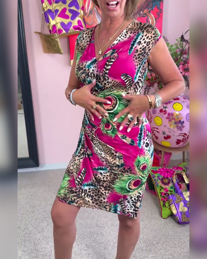 V-Neck Crossover Wrap Leopard Print Dress