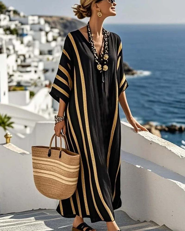 Loose V-Neck Vertical Striped Dress