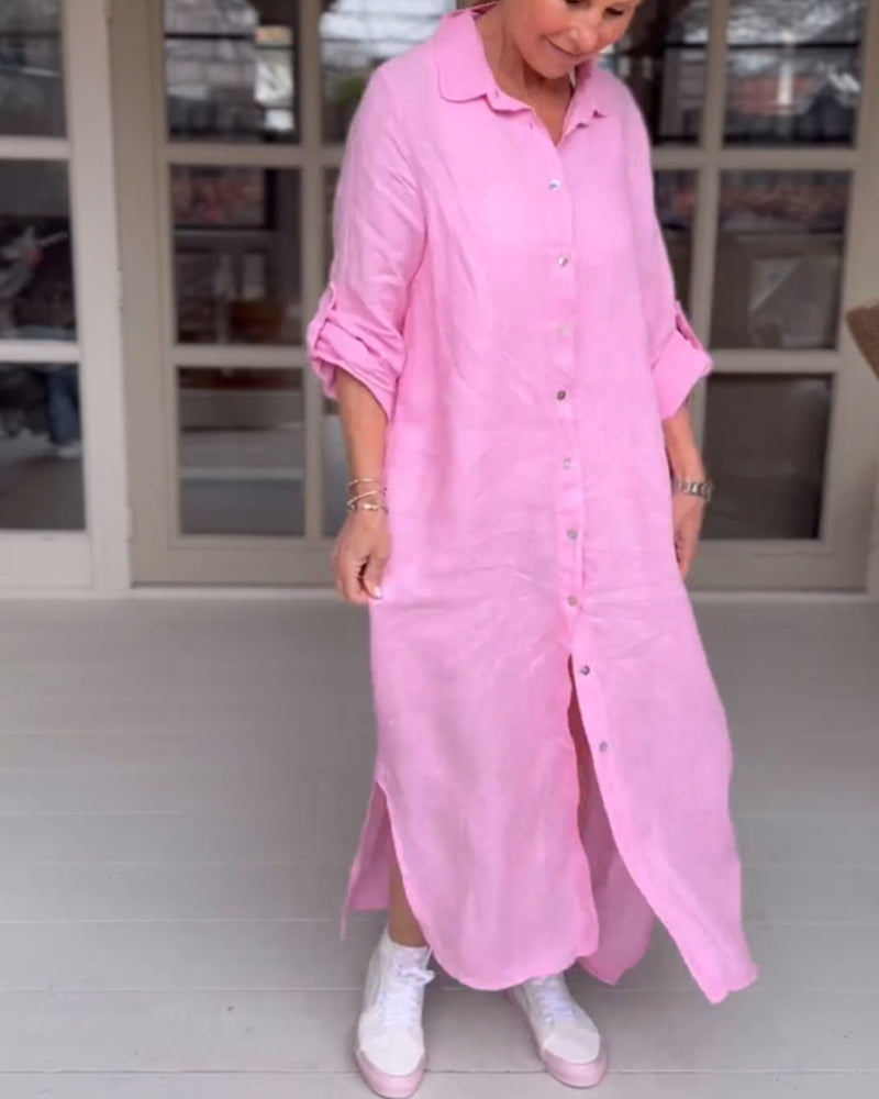 Solid color button lapel casual dress