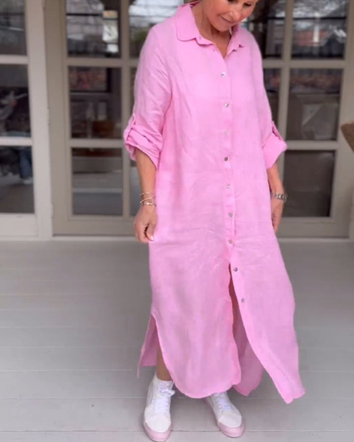 Solid color button lapel casual dress