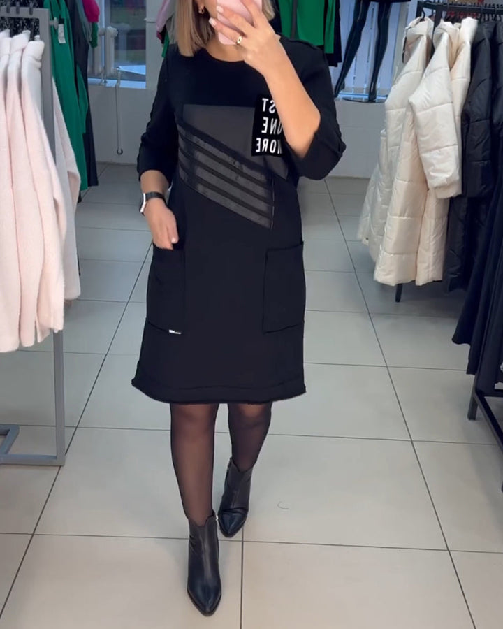 Pocket print Shift dress with Long Sleeve