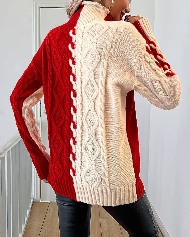 Turtleneck Contrast Cable Sweater