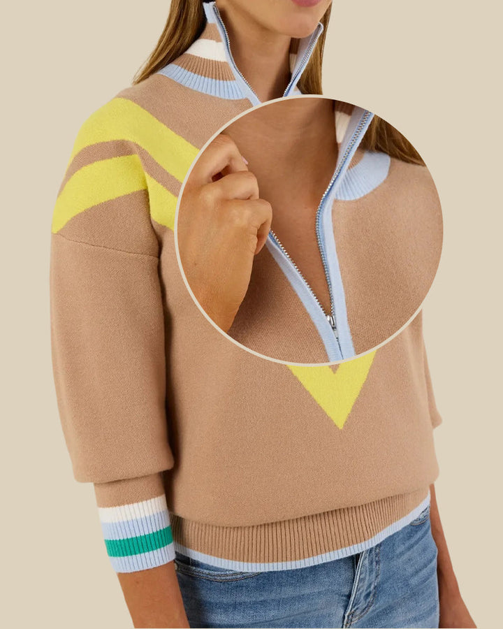 Half-Zip Collar Contrast Color Pullover