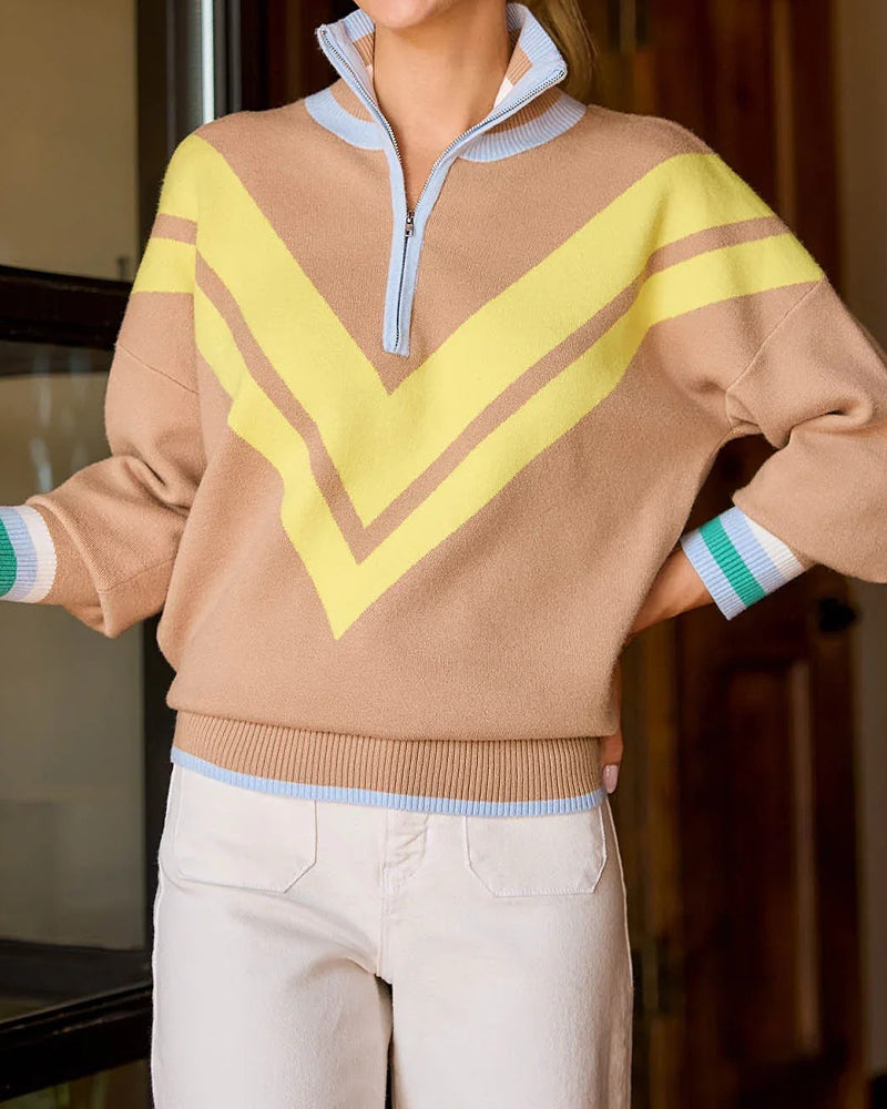 Half-Zip Collar Contrast Color Pullover